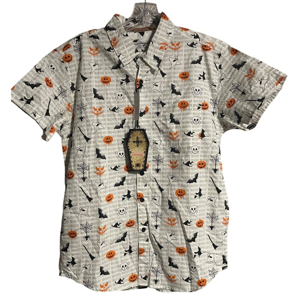 Eighth Avenue Halloween Shirt Mens Size S Slim Fit Ghosts Pumpkins Bats Print